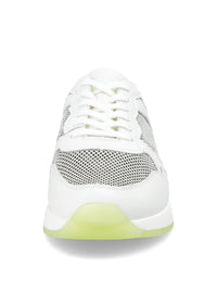 Sneakers with wedge sole - white leather, mesh fabric, elastic laces