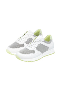 Sneakers with wedge sole - white leather, mesh fabric, elastic laces