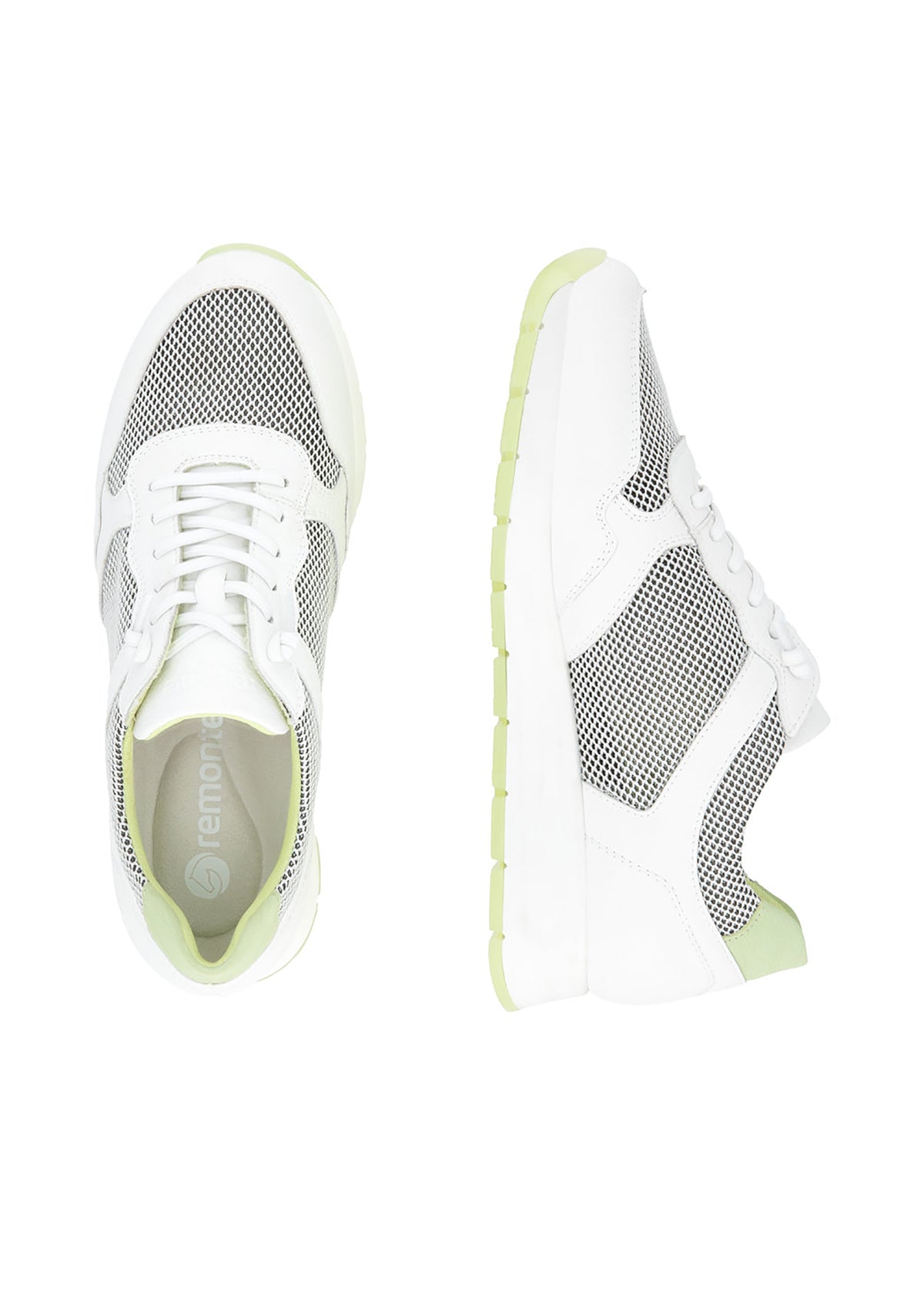Sneakers with wedge sole - white leather, mesh fabric, elastic laces