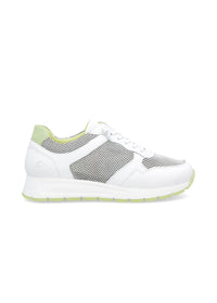 Sneakers with wedge sole - white leather, mesh fabric, elastic laces