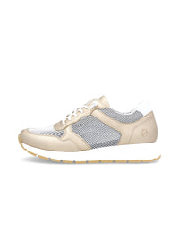 Sneakers med kilklack - guldigt läder, nätväv, elastiska snören