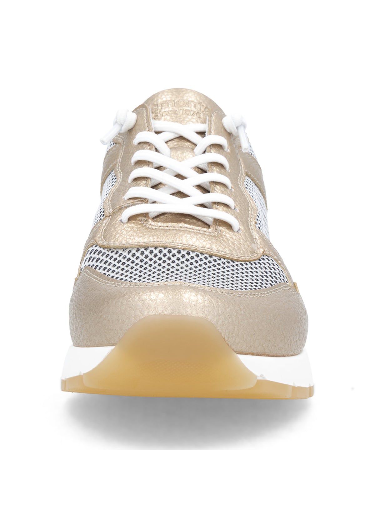 Sneakers med kilklack - guldigt läder, nätväv, elastiska snören