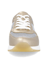 Sneakers med kilklack - guldigt läder, nätväv, elastiska snören