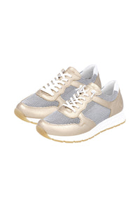 Sneakers med kilklack - guldigt läder, nätväv, elastiska snören