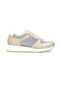 Sneakers med kilklack - guldigt läder, nätväv, elastiska snören