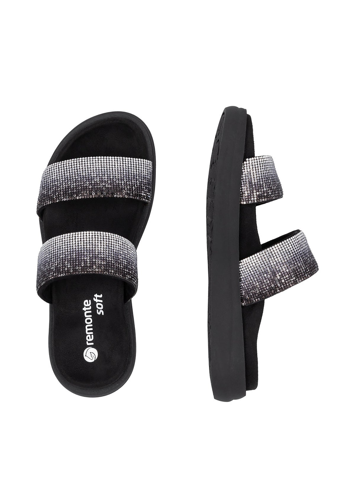 Plug sandals - black, glitter straps, vegan