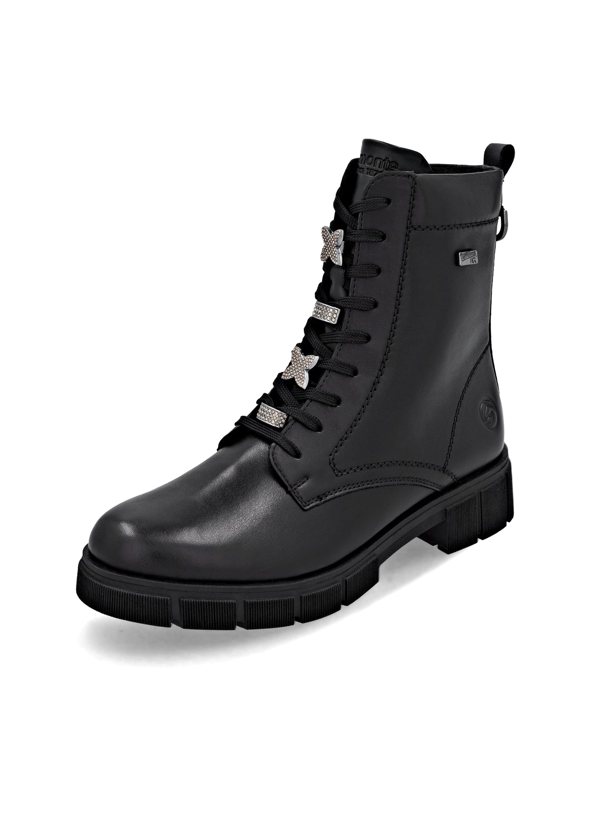 Ankle boots - black leather, diamond decorations on laces, Remonte-TEX