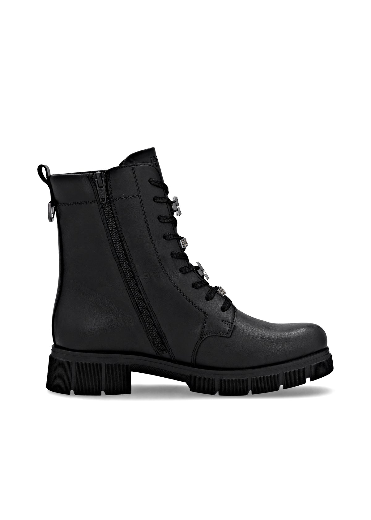 Ankle boots - black leather, diamond decorations on laces, Remonte-TEX