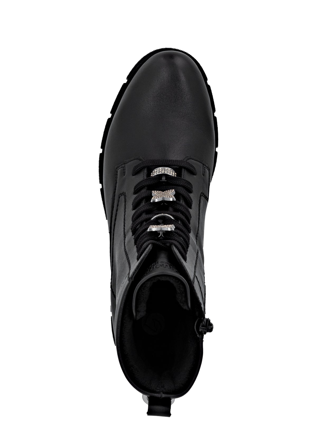 Ankle boots - black leather, diamond decorations on laces, Remonte-TEX