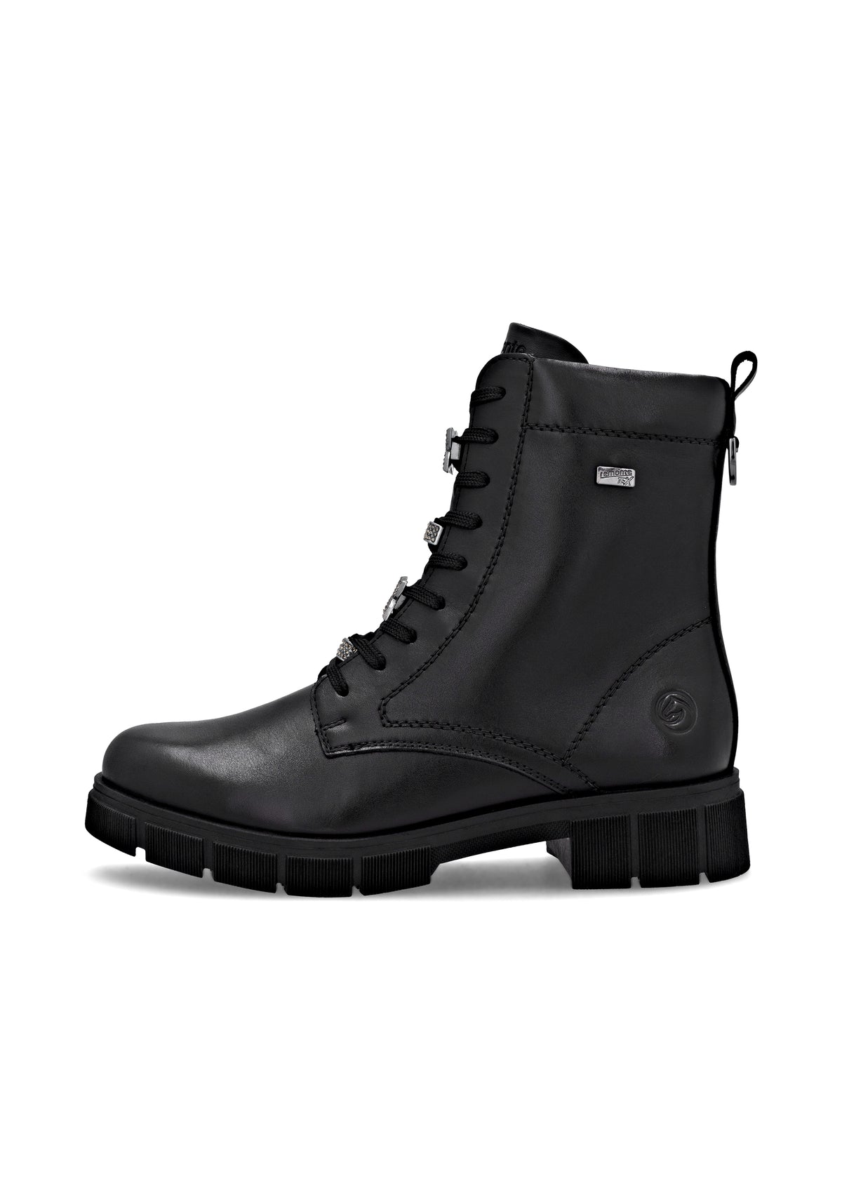 Ankle boots - black leather, diamond decorations on laces, Remonte-TEX