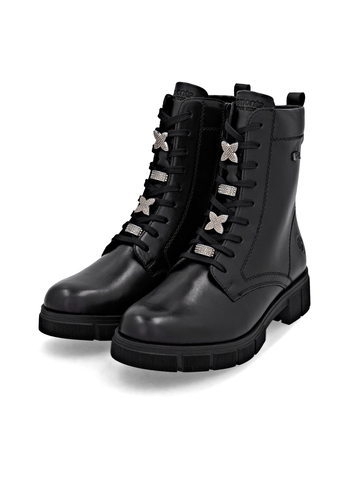Ankle boots - black leather, diamond decorations on laces, Remonte-TEX