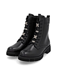 Ankle boots - black leather, diamond decorations on laces, Remonte-TEX