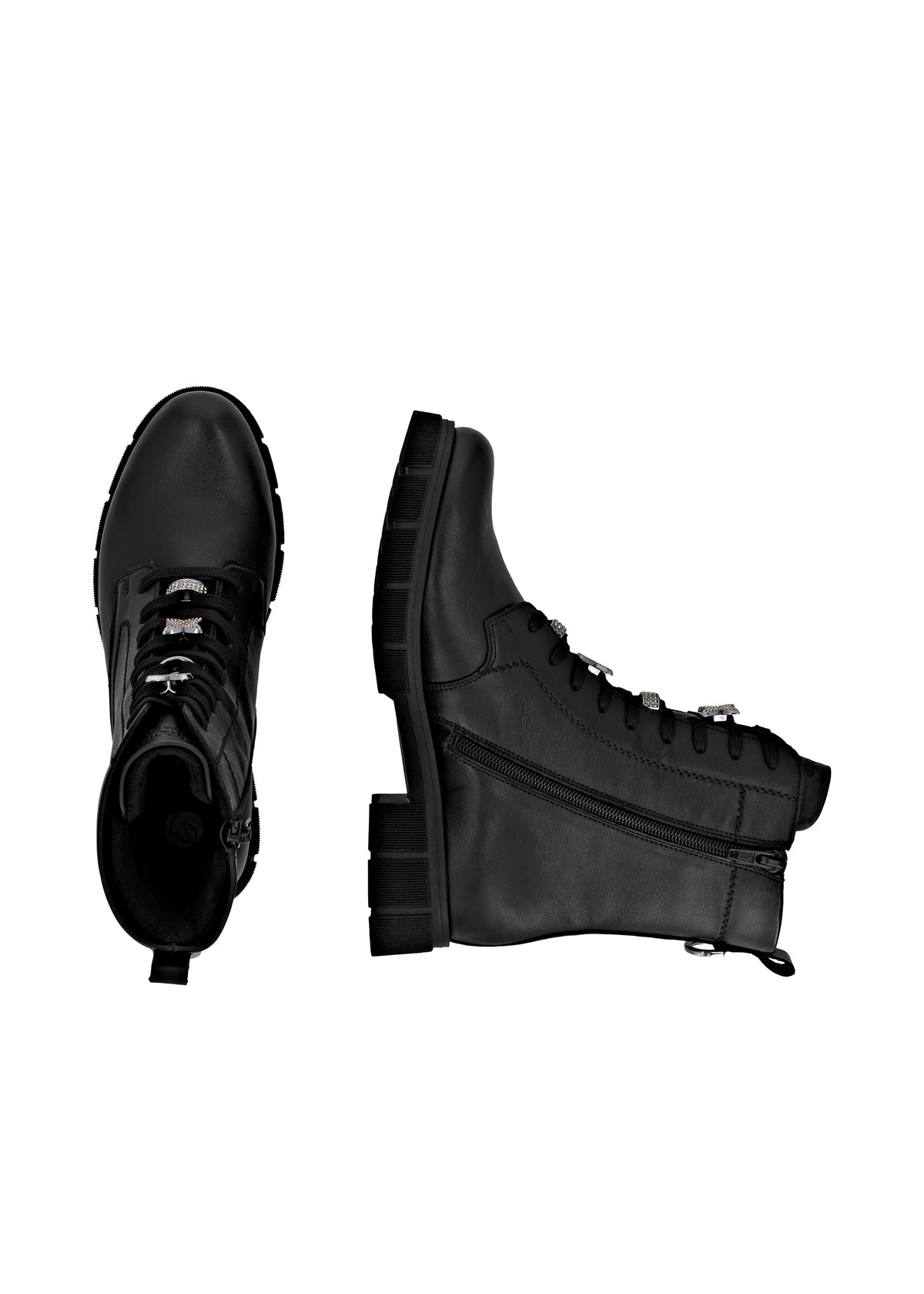 Ankle boots - black leather, diamond decorations on laces, Remonte-TEX