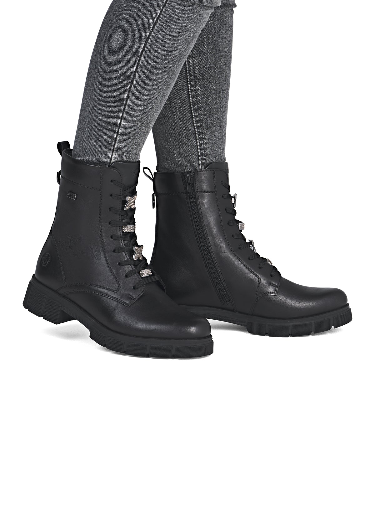 Ankle boots - black leather, diamond decorations on laces, Remonte-TEX