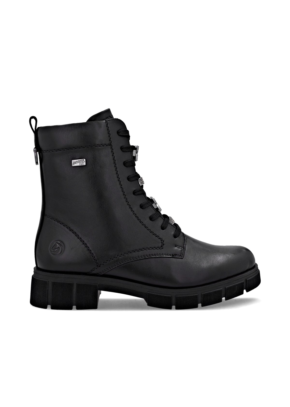 Ankle boots - black leather, diamond decorations on laces, Remonte-TEX