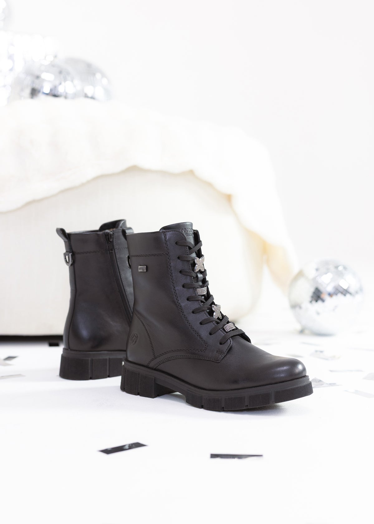 Ankle boots - black leather, diamond decorations on laces, Remonte-TEX