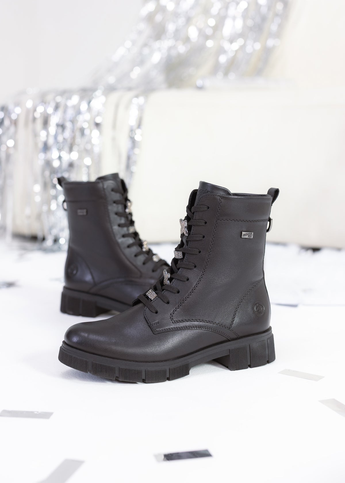 Ankle boots - black leather, diamond decorations on laces, Remonte-TEX