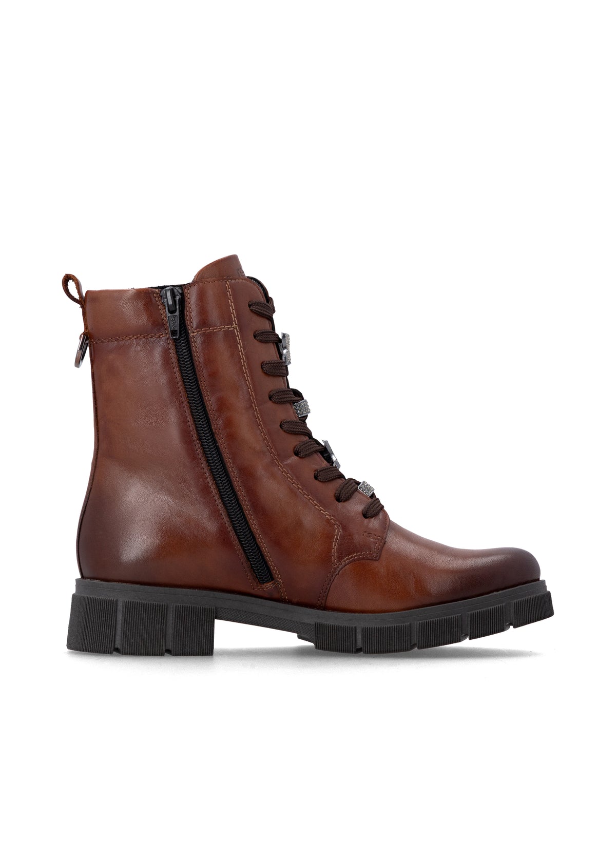 Ankle boots - brown leather, diamond decorations on laces, Remonte-TEX