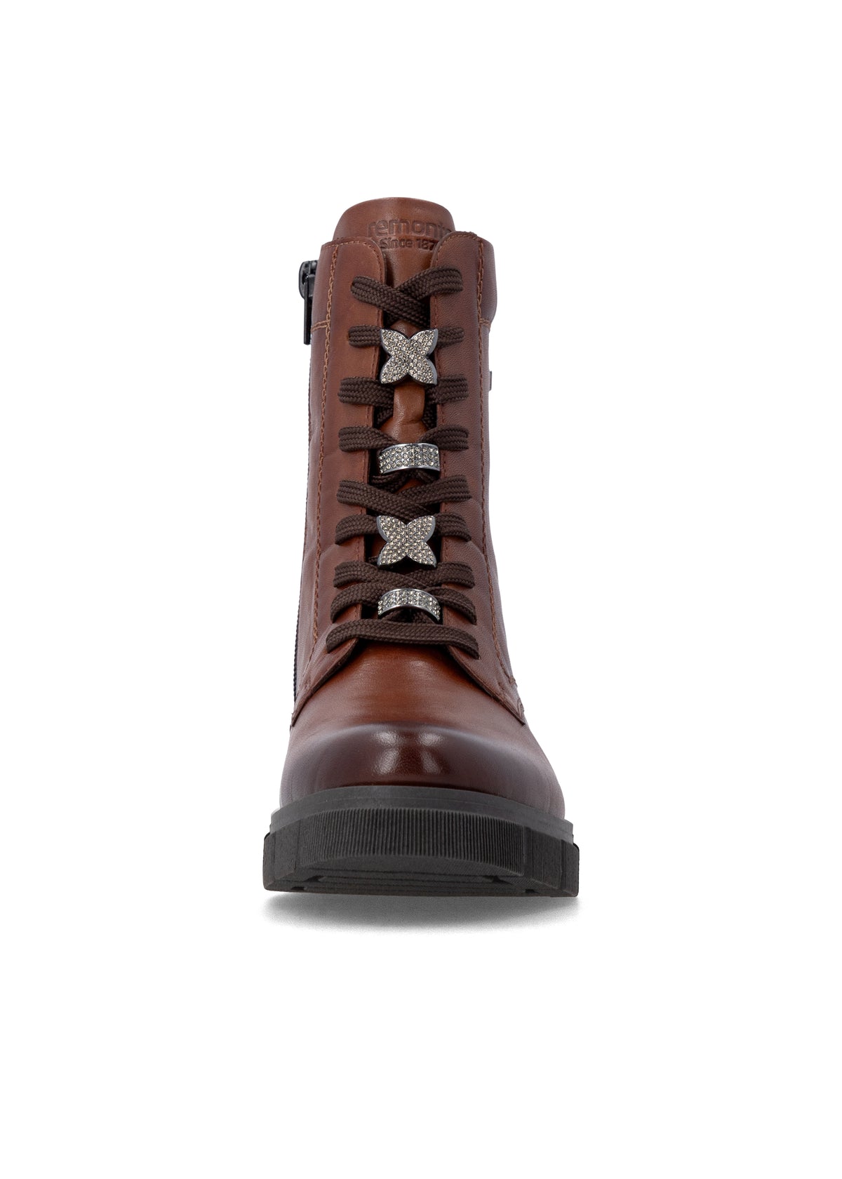 Ankle boots - brown leather, diamond decorations on laces, Remonte-TEX