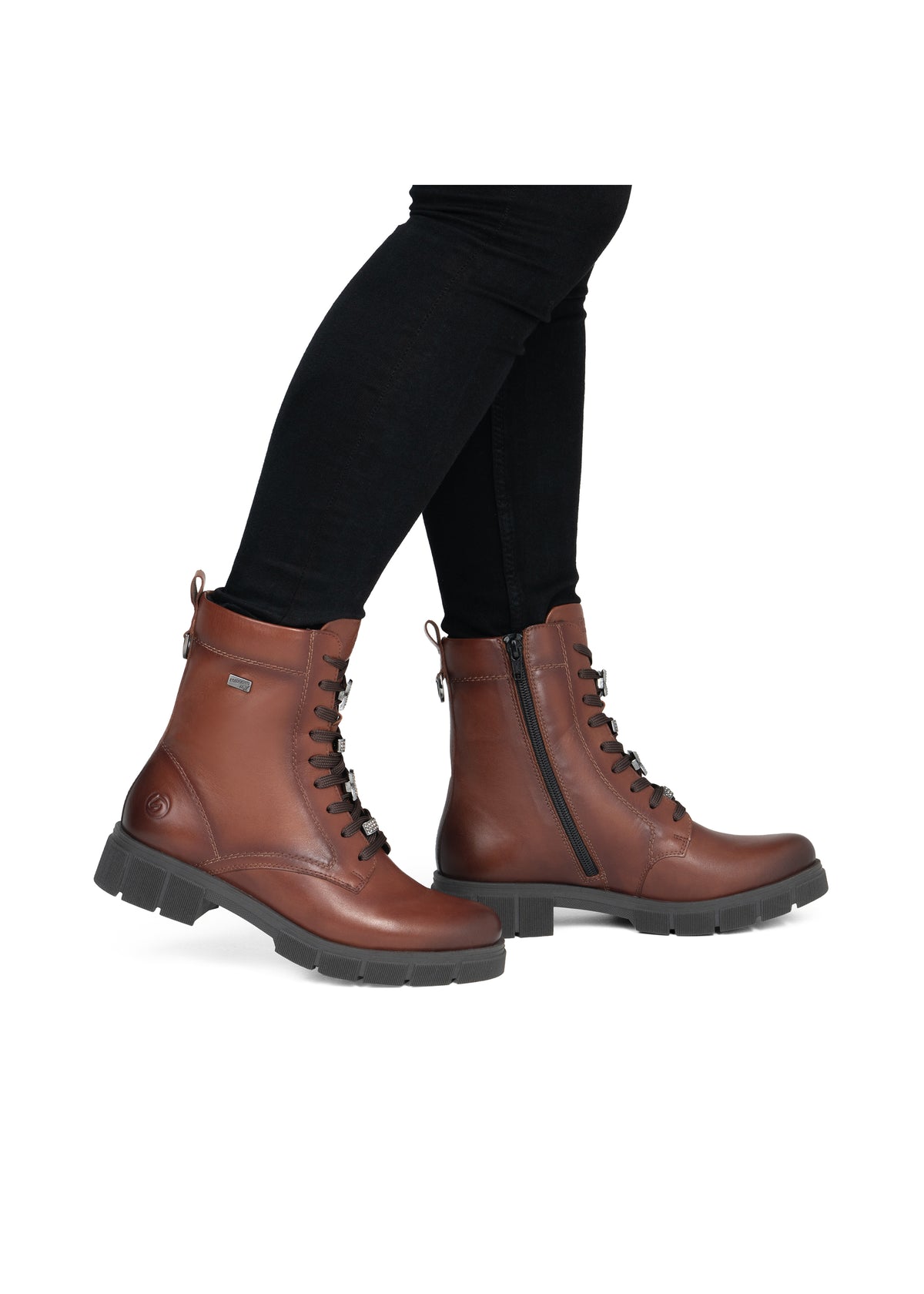 Ankle boots - brown leather, diamond decorations on laces, Remonte-TEX
