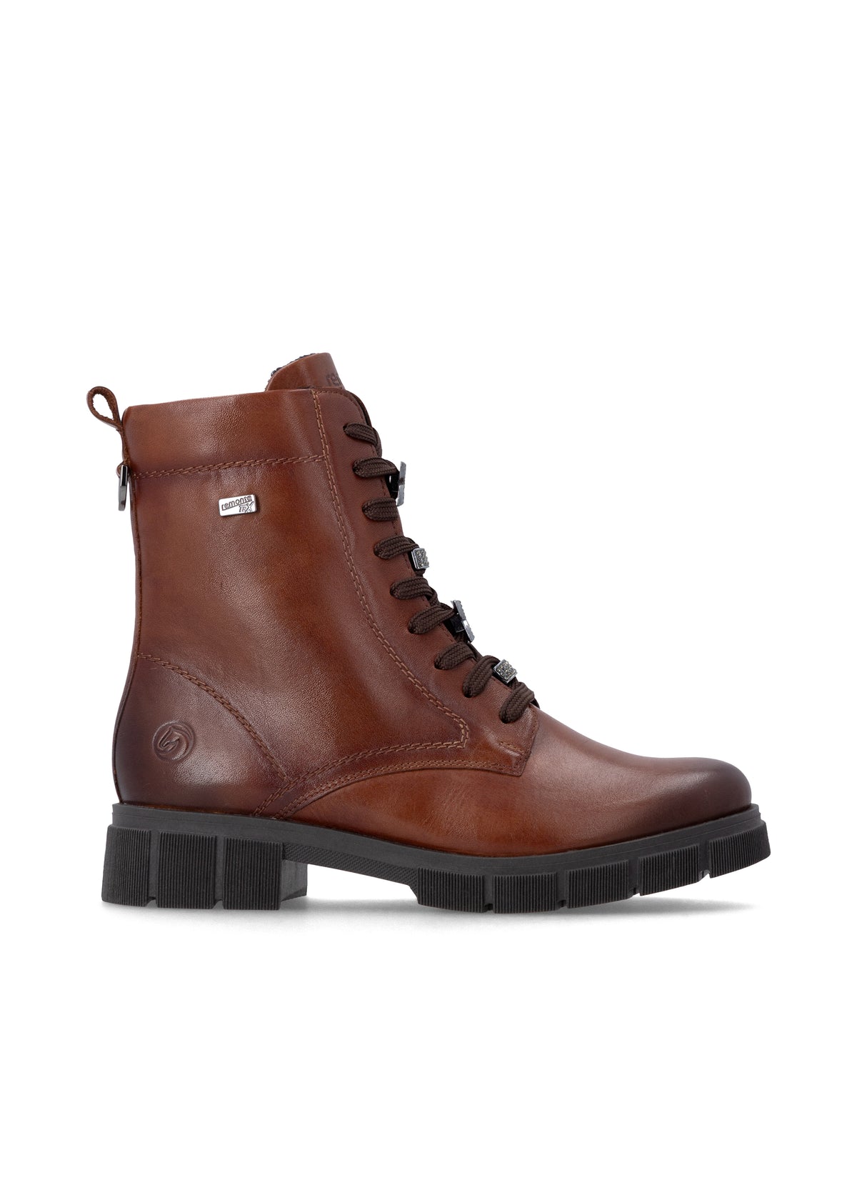 Ankle boots - brown leather, diamond decorations on laces, Remonte-TEX