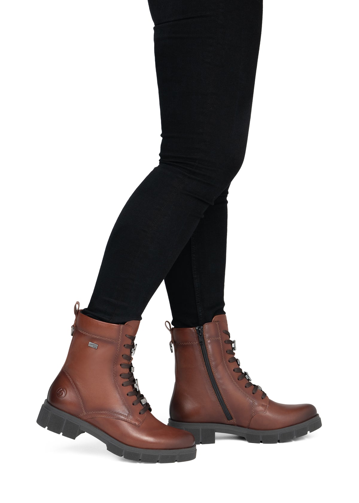 Ankle boots - brown leather, diamond decorations on laces, Remonte-TEX