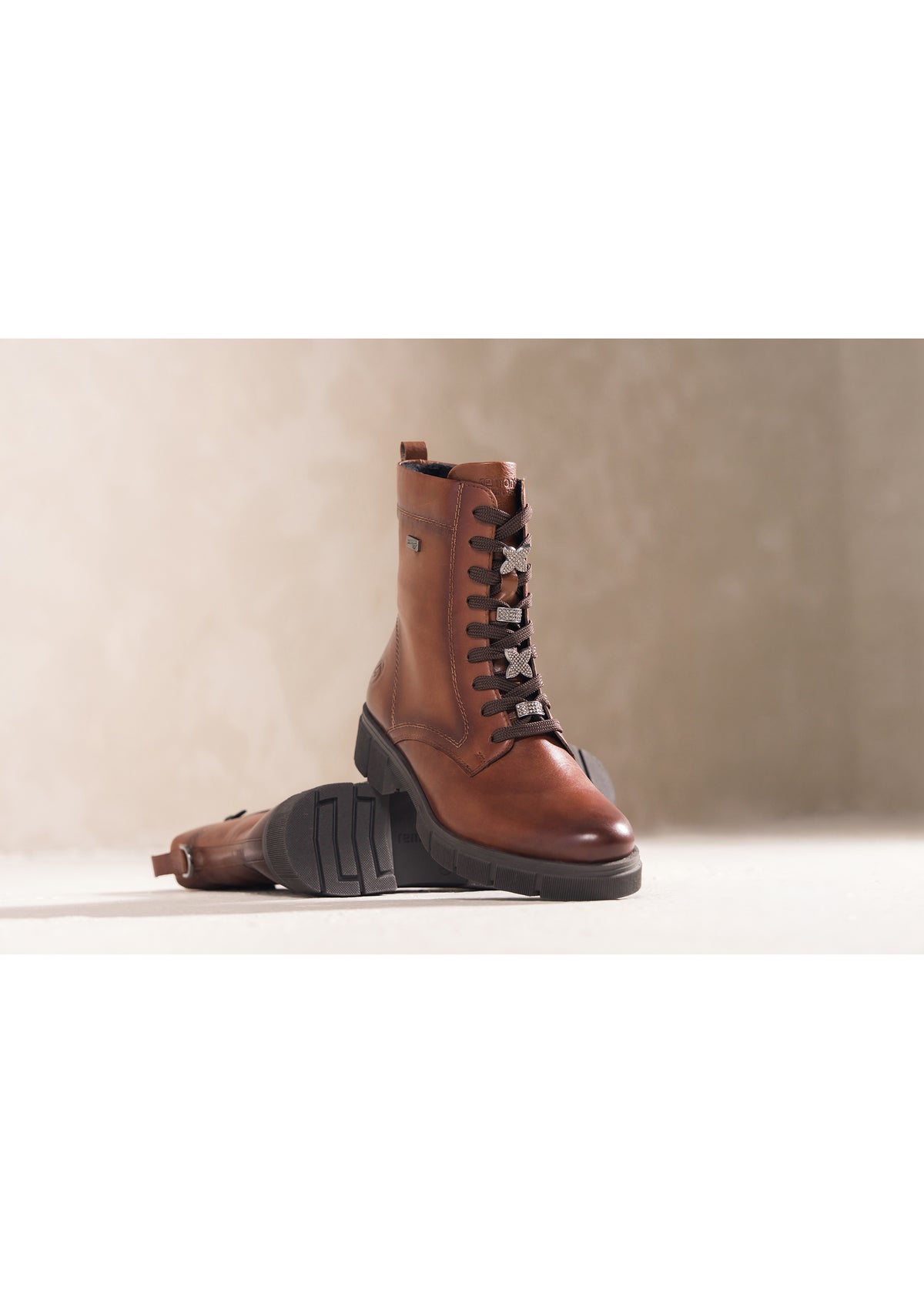 Ankle boots - brown leather, diamond decorations on laces, Remonte-TEX