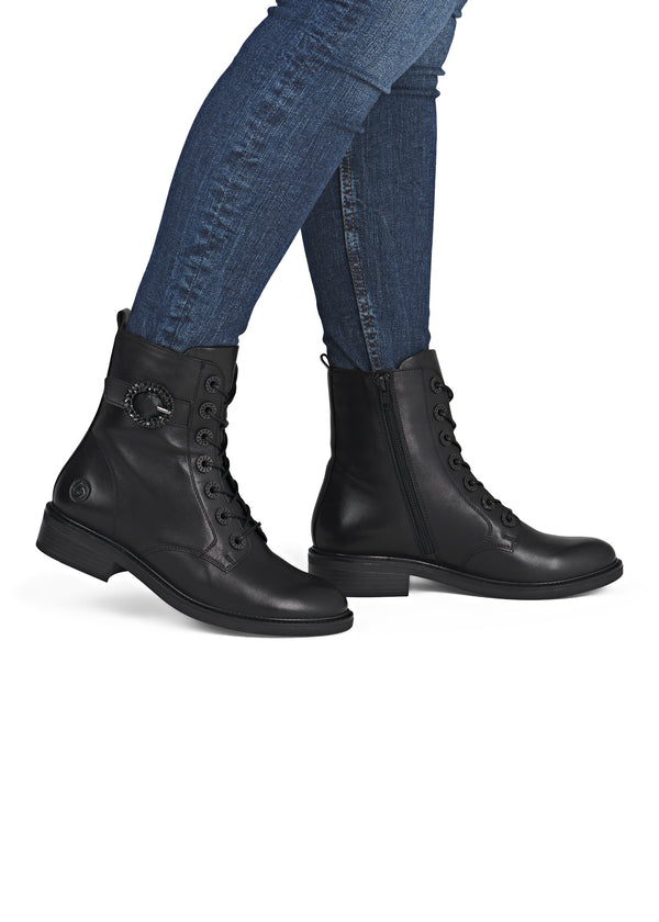 Ankle boots - black leather, buckle decoration