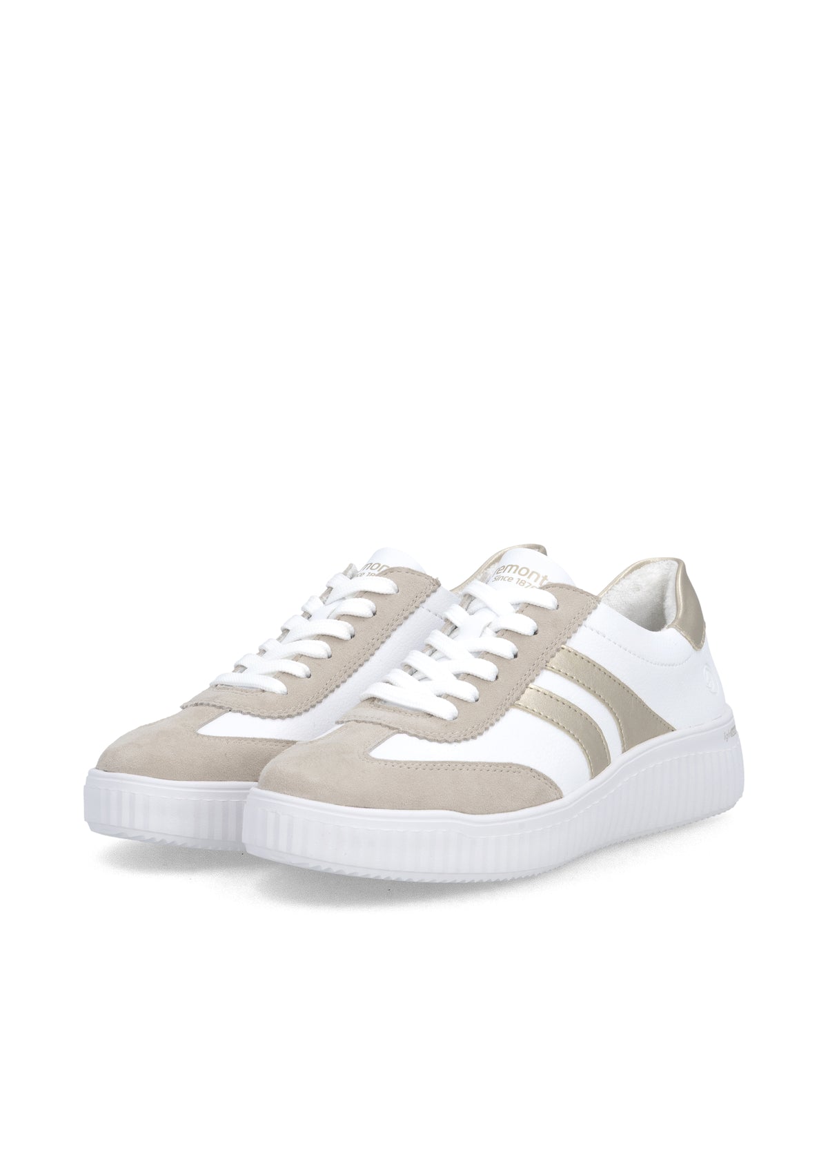 Sneakers - vit läder, beige och gulddetaljer, vit sula
