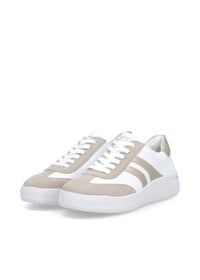 Sneakers - vit läder, beige och gulddetaljer, vit sula