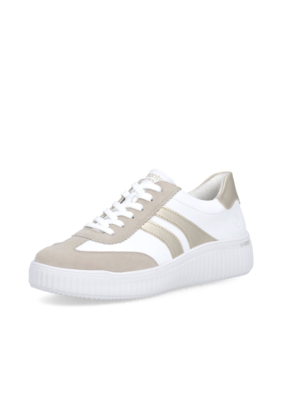 Sneakers - vit läder, beige och gulddetaljer, vit sula