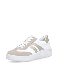 Sneakers - vit läder, beige och gulddetaljer, vit sula