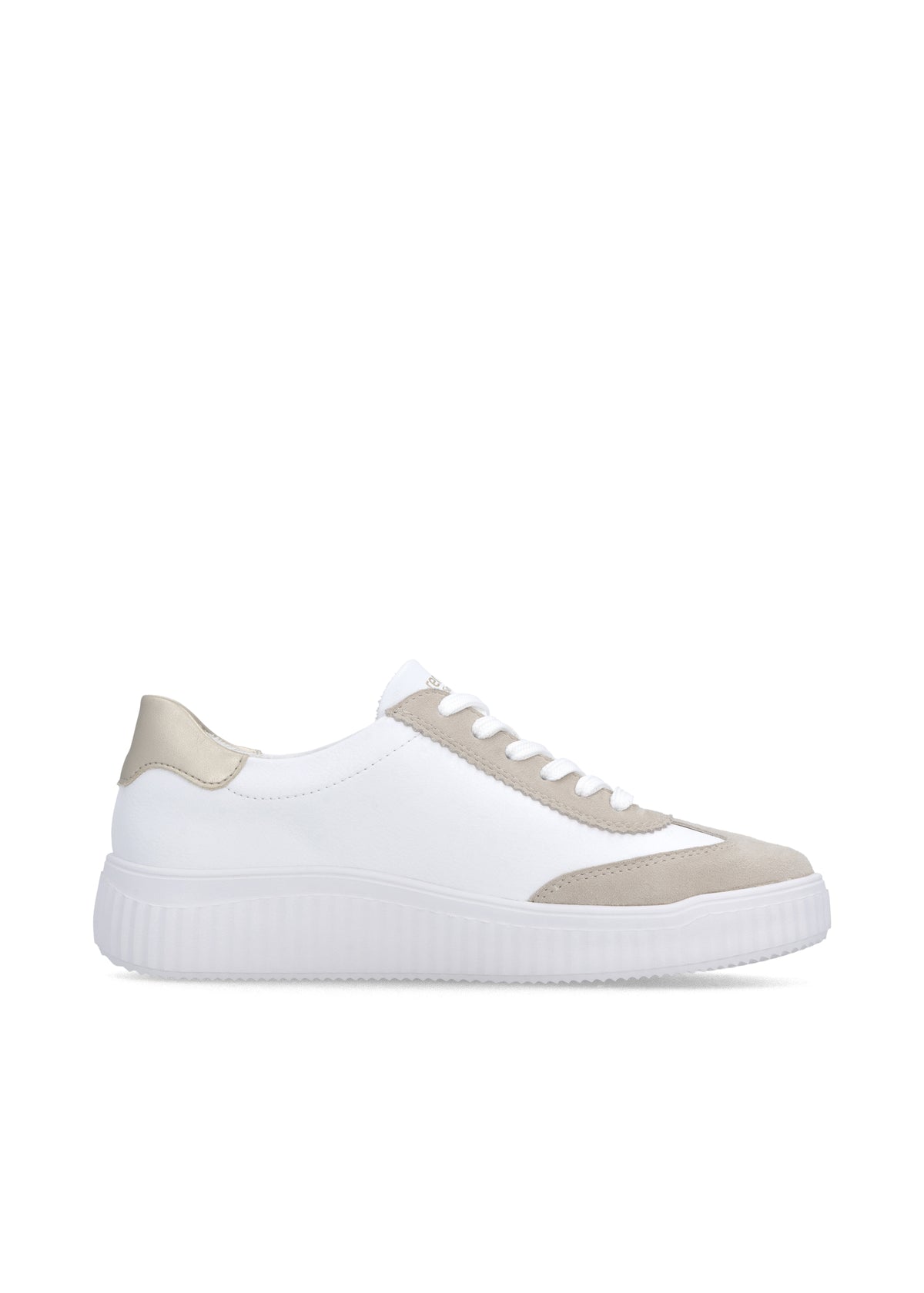 Sneakers - vit läder, beige och gulddetaljer, vit sula