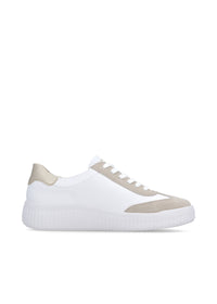Sneakers - vit läder, beige och gulddetaljer, vit sula