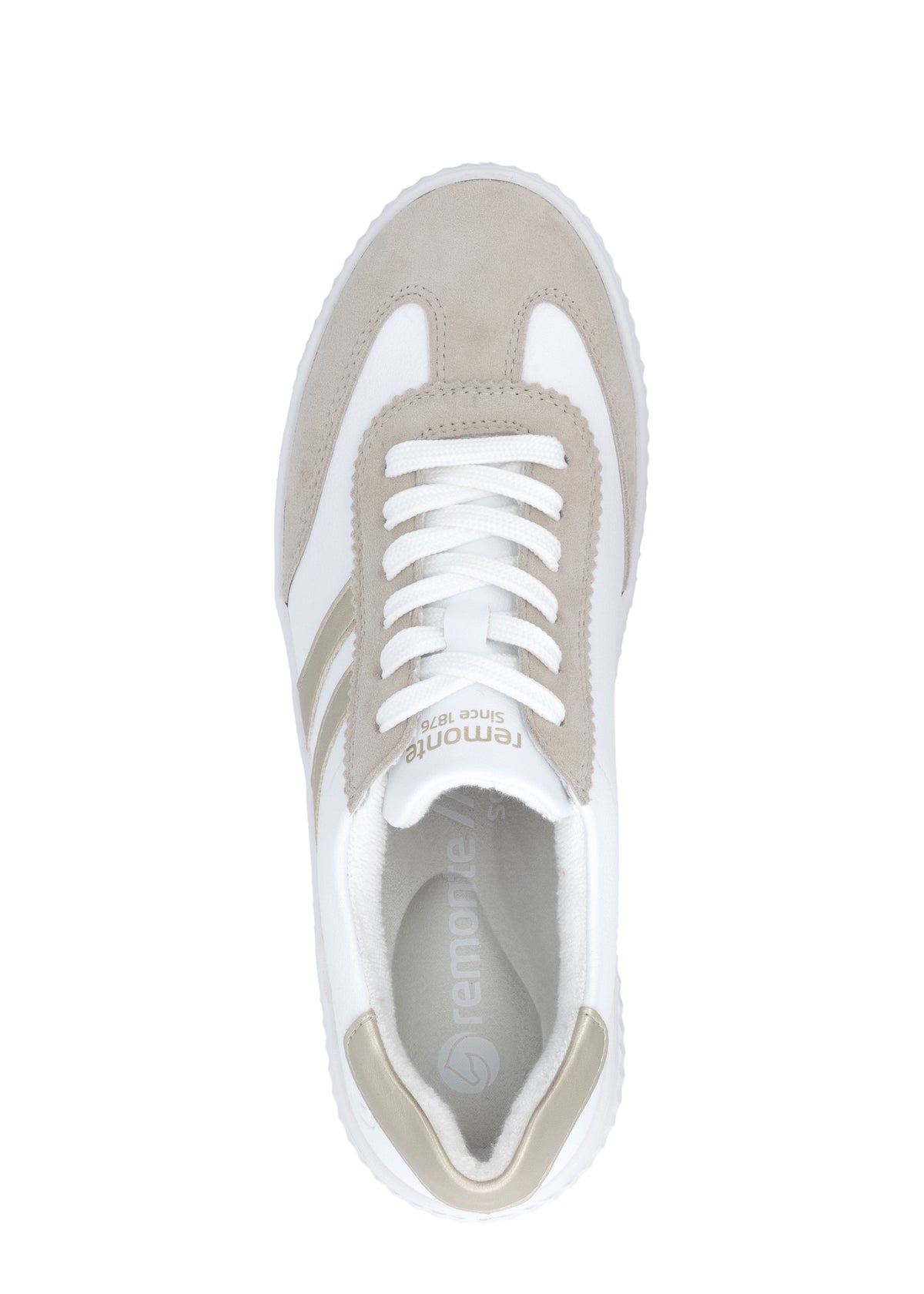 Sneakers - vit läder, beige och gulddetaljer, vit sula