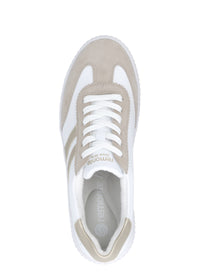 Sneakers - vit läder, beige och gulddetaljer, vit sula