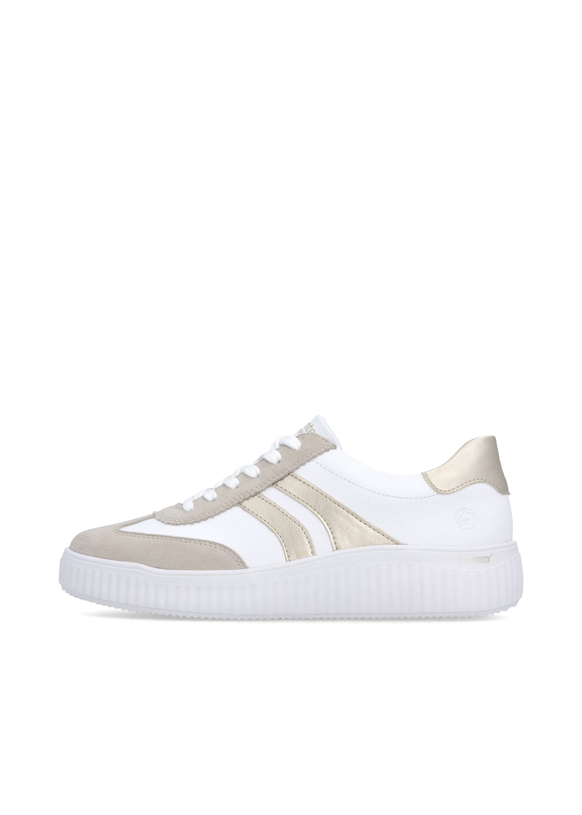 Sneakers - vit läder, beige och gulddetaljer, vit sula