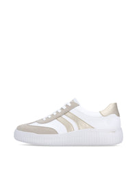 Sneakers - vit läder, beige och gulddetaljer, vit sula