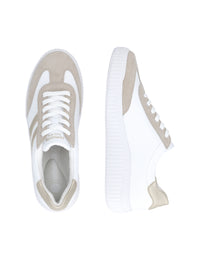 Sneakers - vit läder, beige och gulddetaljer, vit sula