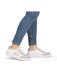 Sneakers - vit läder, beige och gulddetaljer, vit sula