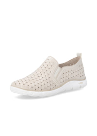 Slip-on walking shoes - beige leather, perforated pattern
