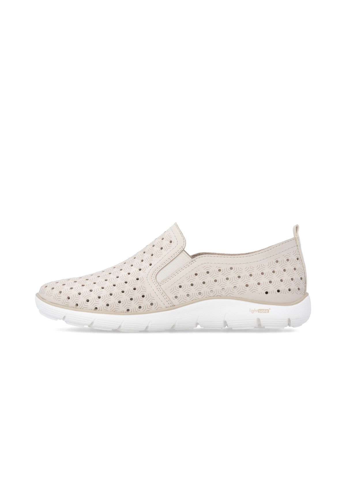 Slip-on walking shoes - beige leather, perforated pattern