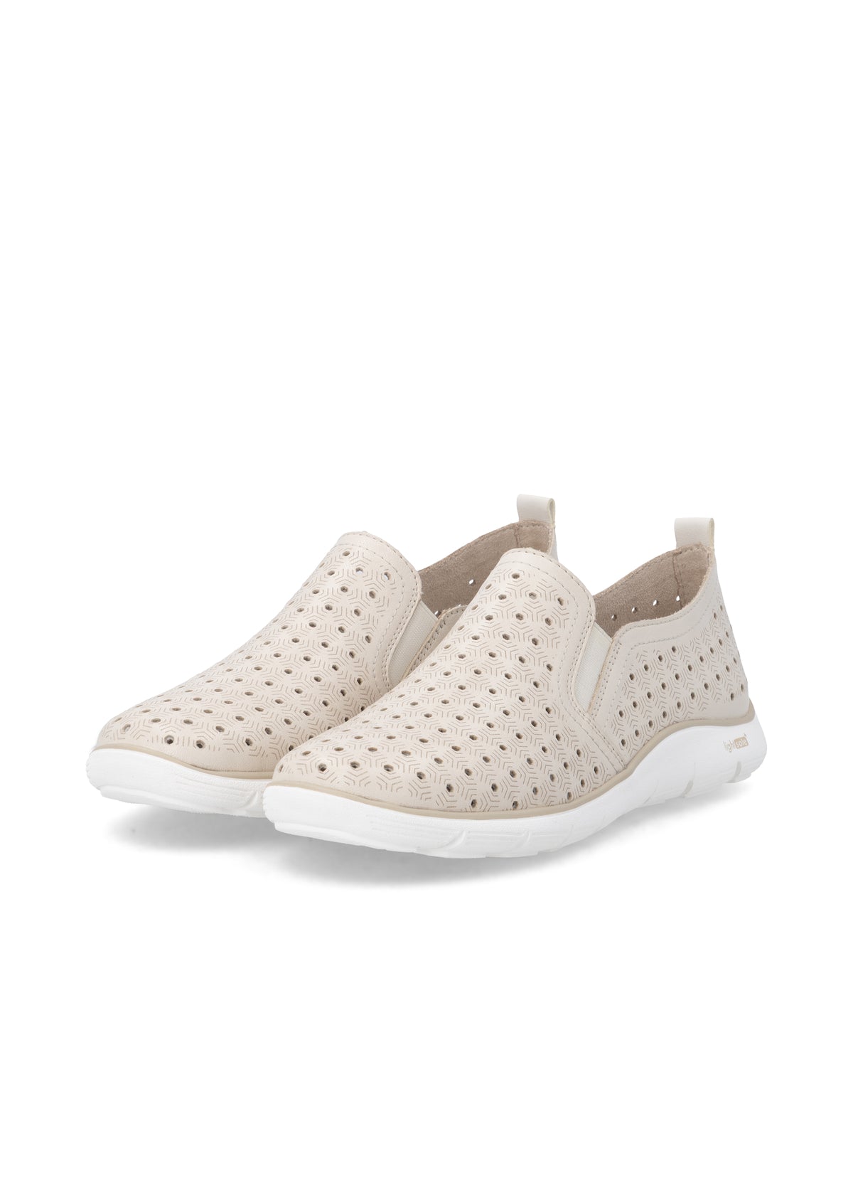 Slip-on walking shoes - beige leather, perforated pattern