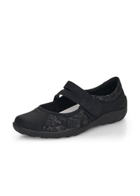 Ballet flats with Velcro strap - black, silver leaf patterns