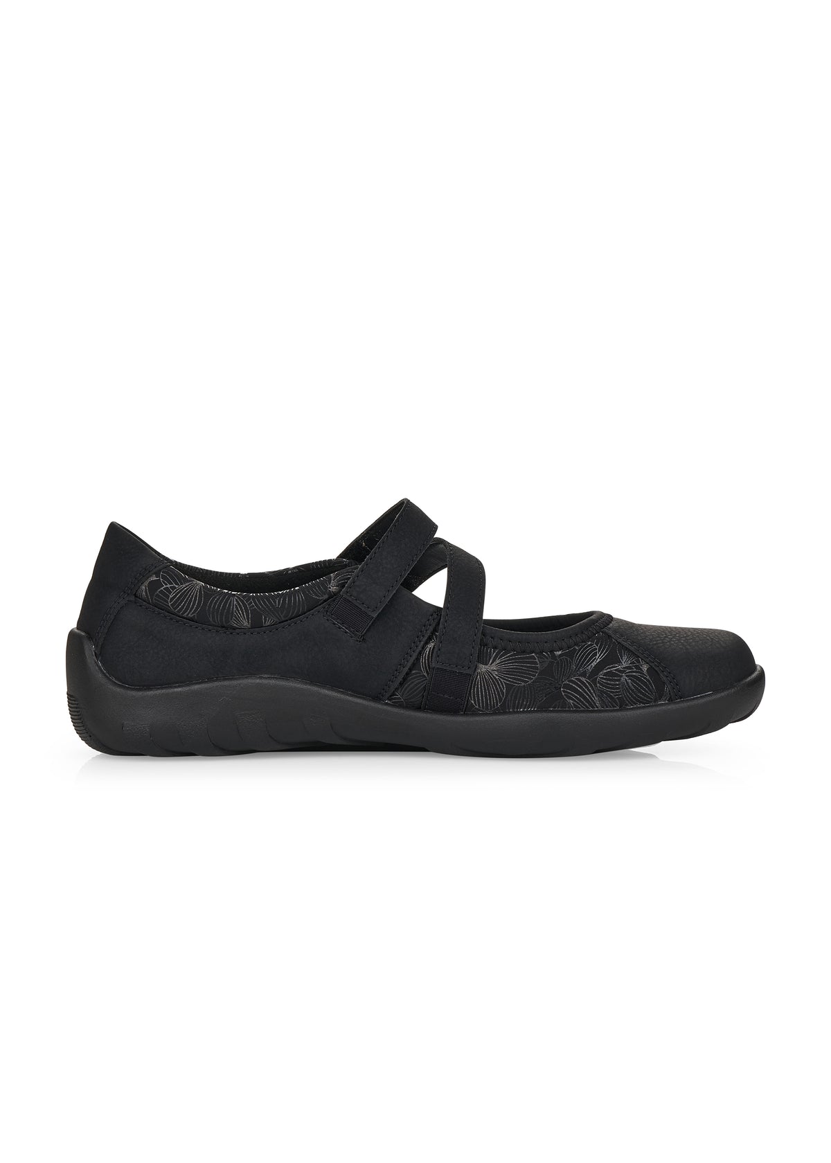 Ballet flats with Velcro strap - black, silver leaf patterns