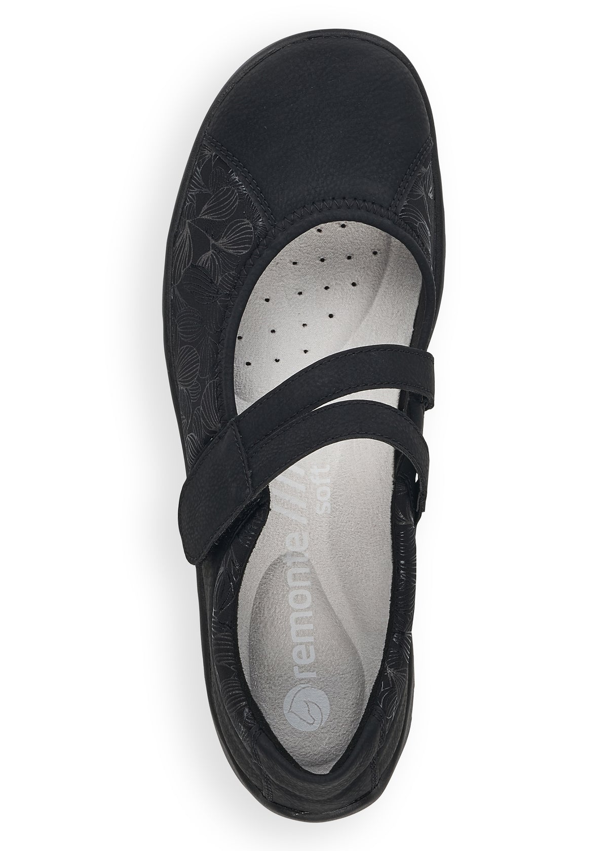 Ballet flats with Velcro strap - black, silver leaf patterns