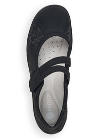Ballet flats with Velcro strap - black, silver leaf patterns