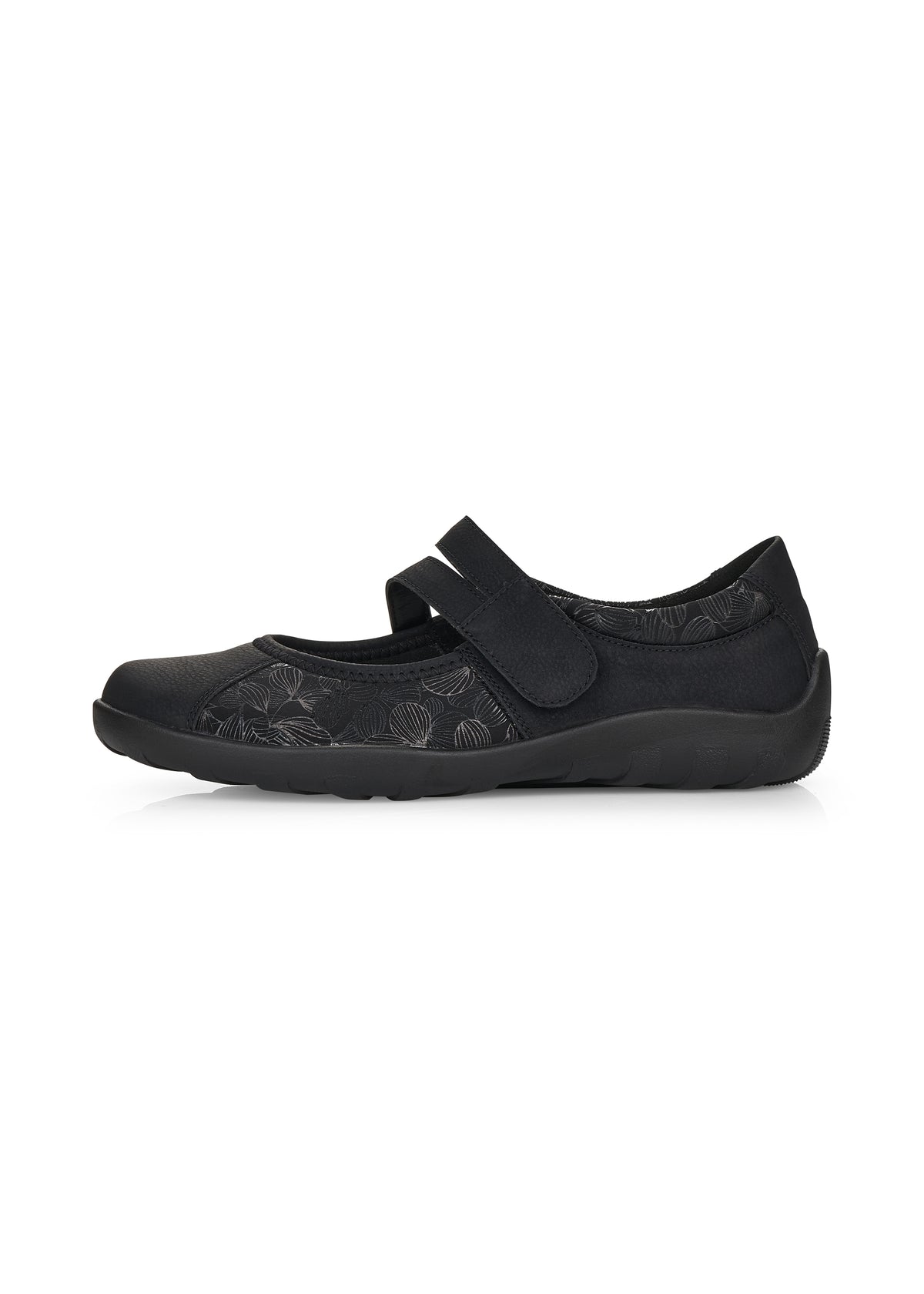 Ballet flats with Velcro strap - black, silver leaf patterns