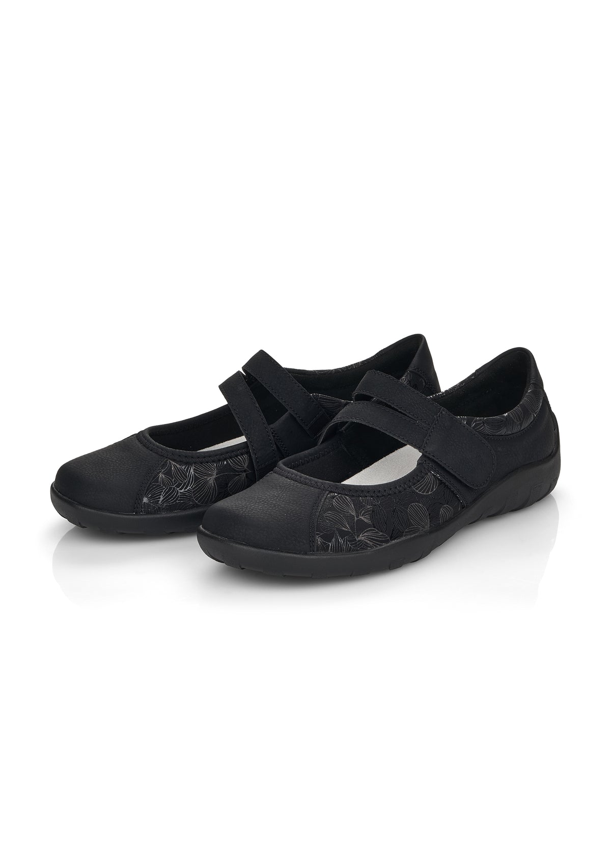 Ballet flats with Velcro strap - black, silver leaf patterns