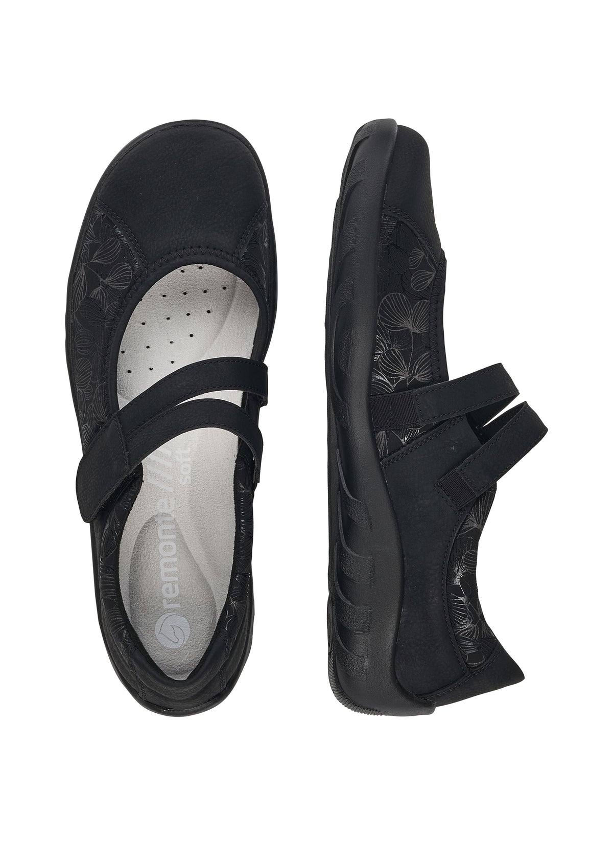 Ballet flats with Velcro strap - black, silver leaf patterns